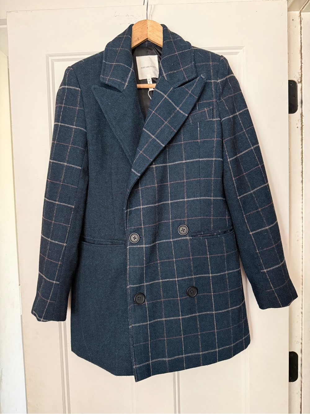 Avec Les Filles Navy Windowpane Double-Breasted wool mix jacket, xs, new no tag
